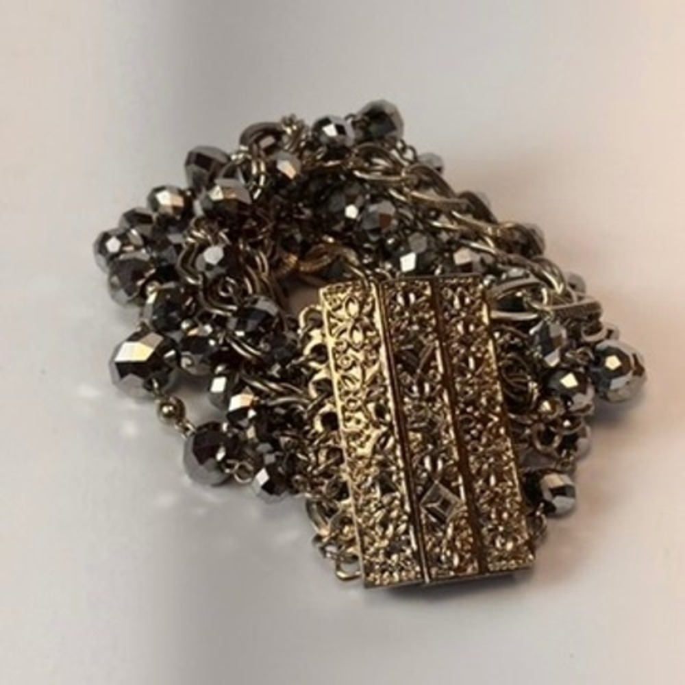 Vintage Multi Strand Beaded Bracelet Gunmetal Goth Filigree Heavy Clasp
